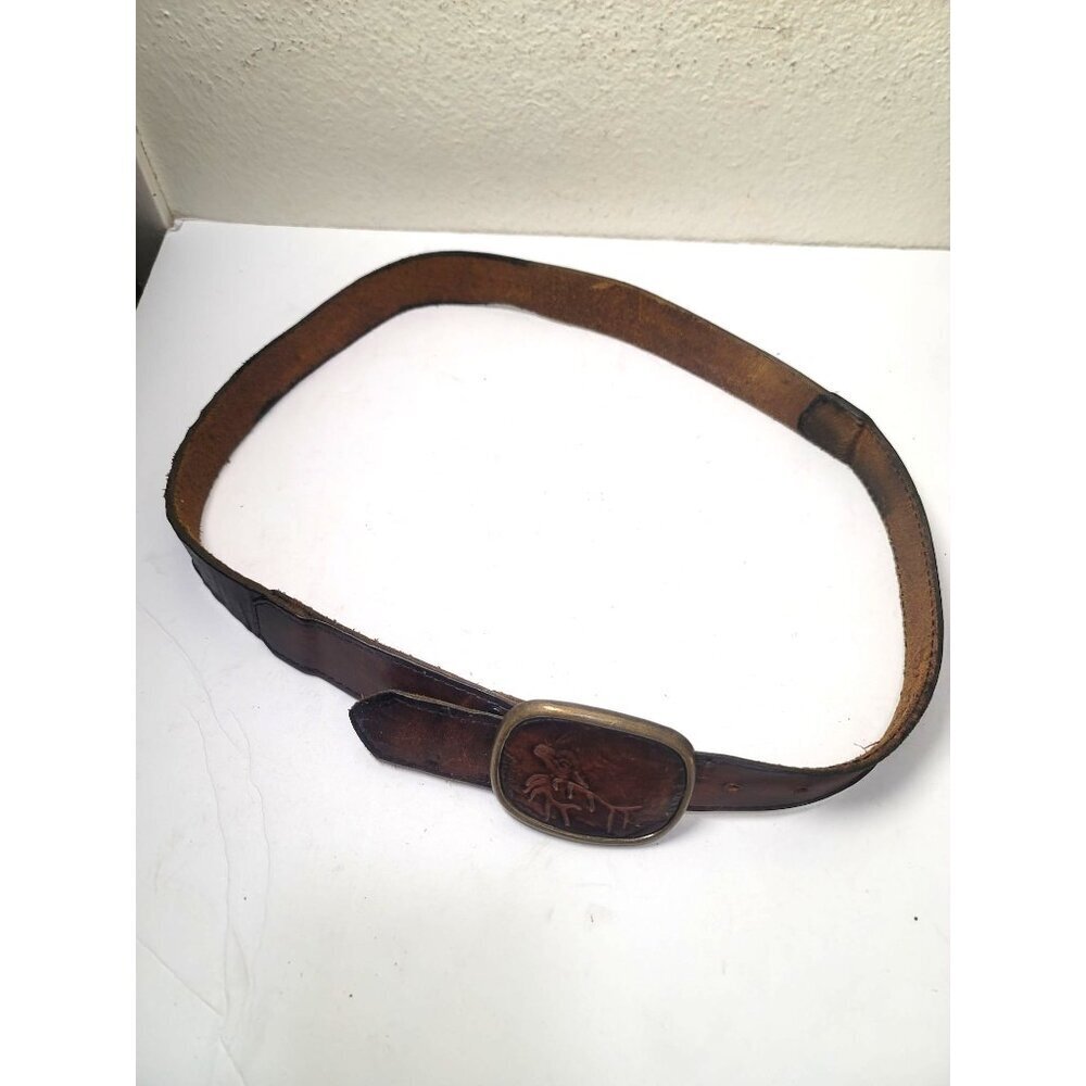Vintage Leather Belt With Deer Design & Buckle Size 36